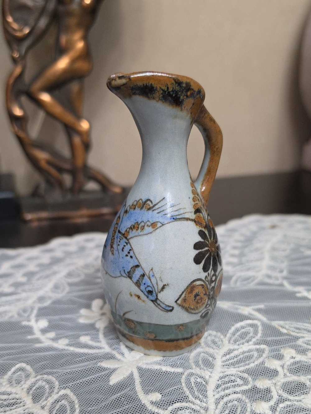 Vtg Mexico Lucano  Hand-Painted Ceramic Pitcher Vase in Blue and Brown 1960